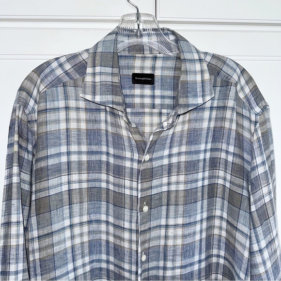 Ermenegildo Zegna Linen Blue/Gray Plaid Shirt Spread Collar XL - Picture 3 of 13